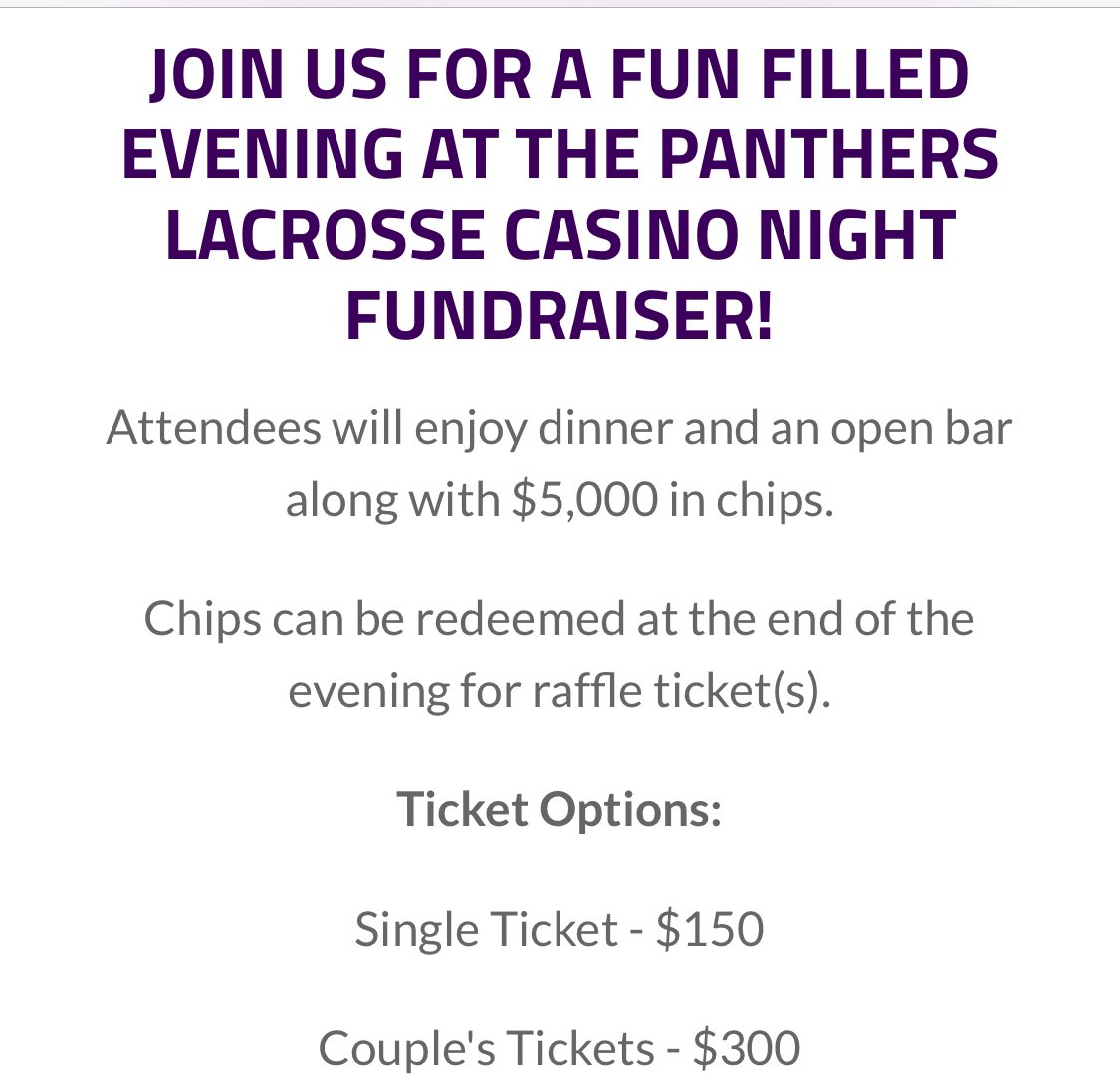 Let’s go all in for Casino Night supporting the Youth and Varsity Panthers Lacrosse Teams! Tickets are available at the link below.
This Friday, Feb. 2nd <a href="/7pm/">Huong Le</a> at the Quail Valley City Centre.  

fbpantherslax.sportngin.com/register/form/…