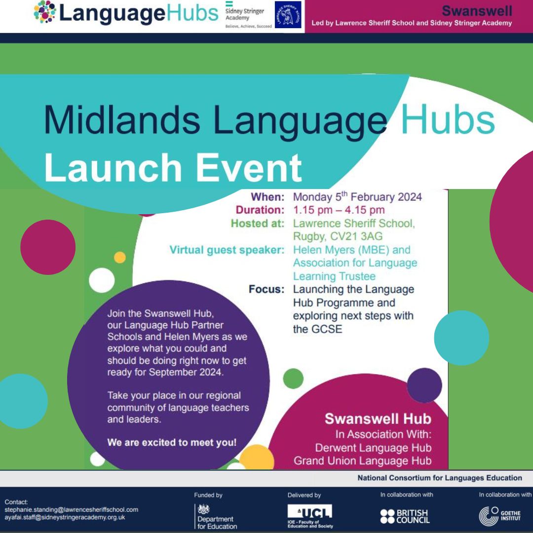 Midlands Language Hubs!  Find out more about this exciting launch event by contacting stephanie.standing@lawrencesheriffschool.com or ayafai.staff@sidneystringeracademy.org.uk 
#ModernForeignLanguages #LanguageHubs #TeachLanguages #MFL #MFLTeacher #Teachers #LanguageTeachers