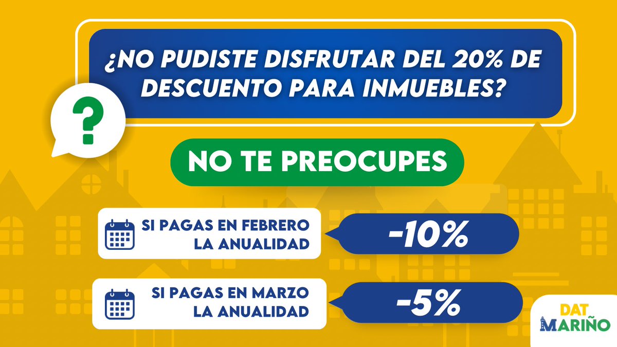 datmarino's tweet photo. #31Ene Hoy vence el plazo para el descuento de 20% de tu impuesto de inmuebles en Mariño. Pero si no logras realizar el pago de la anualidad el día de hoy, febrero y marzo también tienen rebaja. #Margarita #Porlamar https://t.co/l6q1DCpBsR