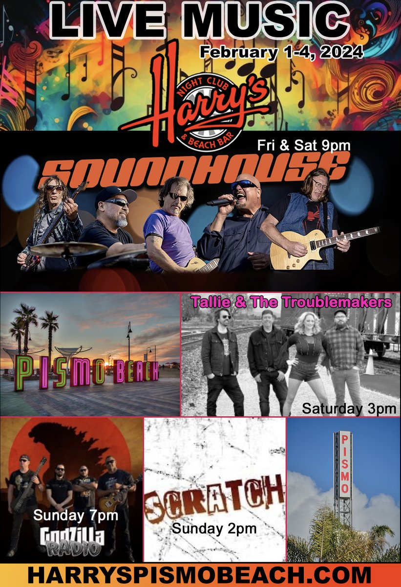 HarrysPismo's tweet photo. Harry's Night Club &amp; Beach Bar: Harry's Live Music Lineup for Feb 1-4, 2024 https://t.co/vjO4430FQy https://t.co/YTVLVmOzen