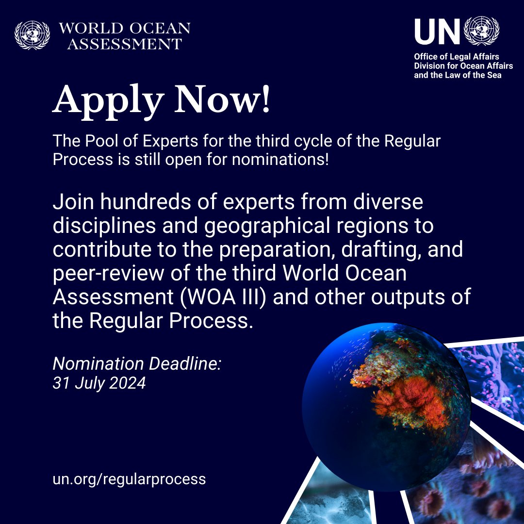 undoalos's tweet image. The Pool of Experts for the third cycle of the Regular Process is still open for nominations.

The deadline to submit your application is now 31 July 2024.

Link: un.org/regularprocess…

#WorldOceanAssessment #RegularProcess #ShareTheKnowledge