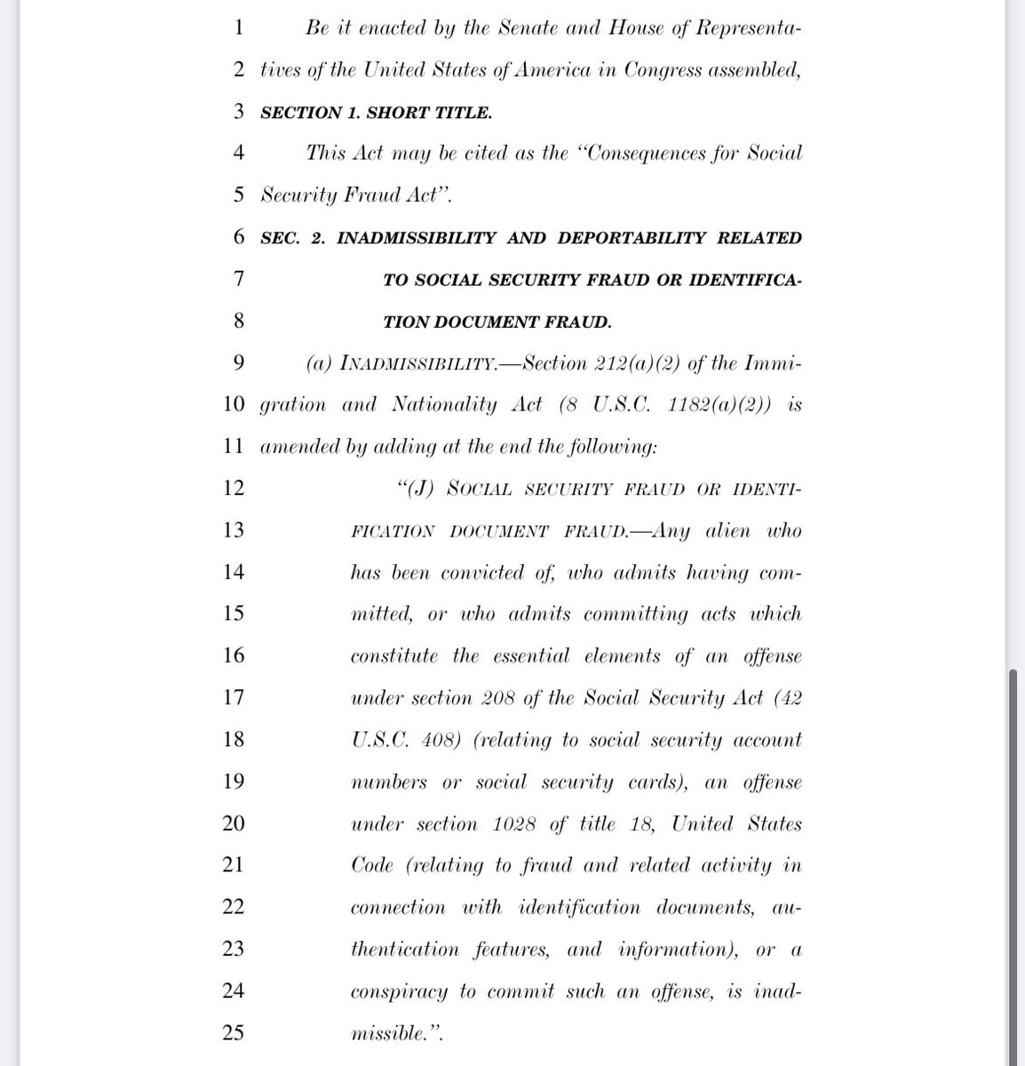 StephenM's tweet photo. ALERT: At approx 4pm the House will vote on a bill to deport illegals &amp; foreign aliens who commit SOCIAL SECURITY FRAUD—robbing our seniors.

Will Democrats vote to let illegals steal identities &amp; raid Social Security? 

You can read the bill here [HR6678]. It’s under 2 pages. https://t.co/E0jZ3lxgAx