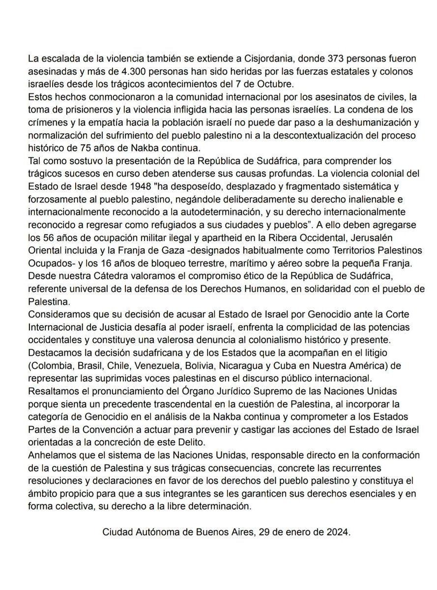 Declaración de nuestra Cátedra ante la orden de la Corte Internacional de Justicia para la disposición de medidas provisionales en el caso “República de Sudáfrica vs. Estado de Israel. Aplicación de la Convención para la Prevención y Sanción del Delito de Genocidio”.