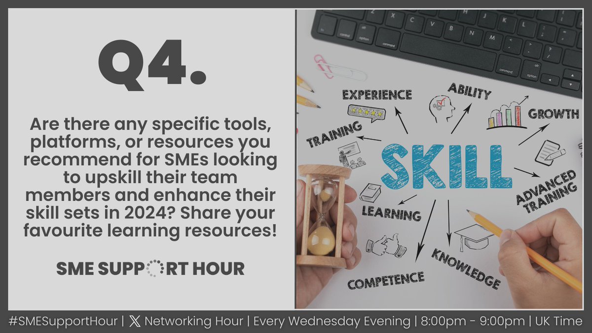And finally this evening…

Q4. Are there any specific tools, platforms, or resources you recommend for SMEs looking to upskill their team members and enhance their skill sets in 2024? Share your favourite learning resources! #Upskilling2024 #SMEChat

#SMESupportHour