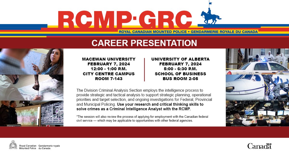RCMPAlberta's tweet photo. Are you interested in a career as a #CriminalIntelligence Analyst with the RCMP? Here’s your chance to learn more from our Division Criminal Analysis Section! @macewanu @UAlberta https://t.co/HLkouqPQ1k