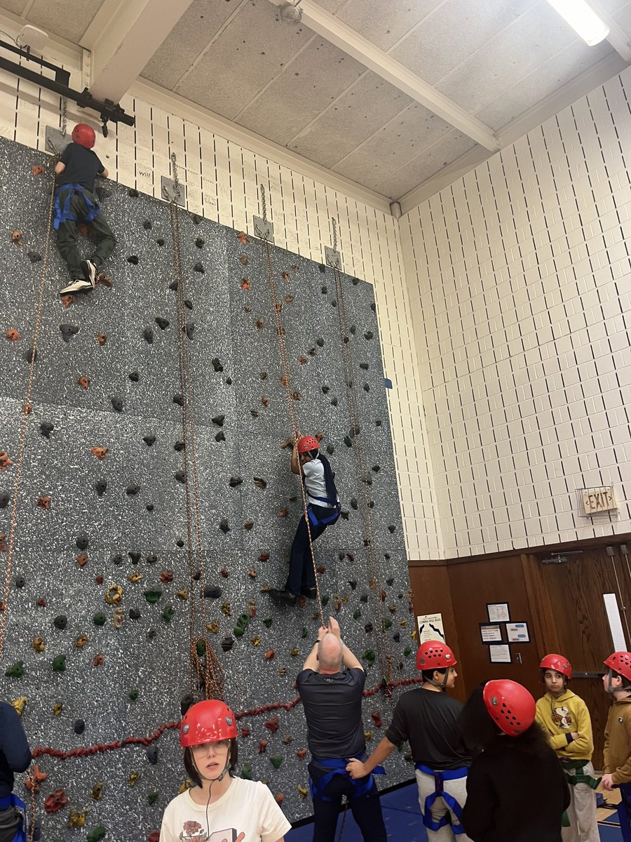 ElmcrestPE's tweet photo. MRM students working hard getting up and down the rock wall to sign their names at the top! https://t.co/gSG2OlYUwW