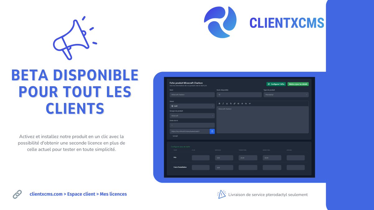 ClientXCMS's tweet photo. 🚀 CLIENTXCMS NextGen est là ! CMS innovant pour hébergeurs, installation facile, compatibilité Pterodactyl , UI/UX moderne,  migration de données v1 -> v2. Transformez votre expérience d'hébergement dès maintenant ! 🌟https://t.co/cp1EbRJ9y5 #HOSTING #developer #laravel https://t.co/5RlzyvWUfm