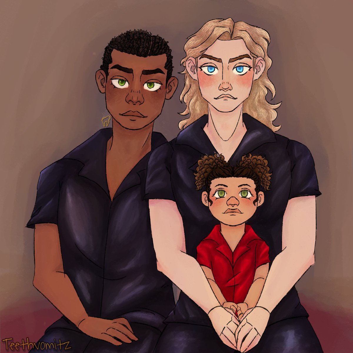 While I am posting all my lovely art lemme show off my commission I did for <a href="/Hail_Backup/">Spark in The Dark</a> of those gay ass vampires and their kid. 
I am genuinely proud of this one, tbh