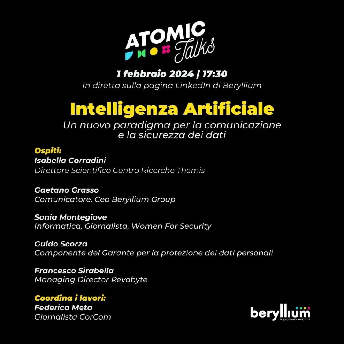 Sonia Montegiove (@suxsonica) on Twitter photo Domani coordinati da <a href="/federicameta/">Federica Meta</a> si parla di #IntelligenzaArtificiale, comunicazione e sicurezza dei dati
Chi può ci segua :) Domani coordinati da <a href="/federicameta/">Federica Meta</a> si parla di #IntelligenzaArtificiale, comunicazione e sicurezza dei dati
Chi può ci segua :)