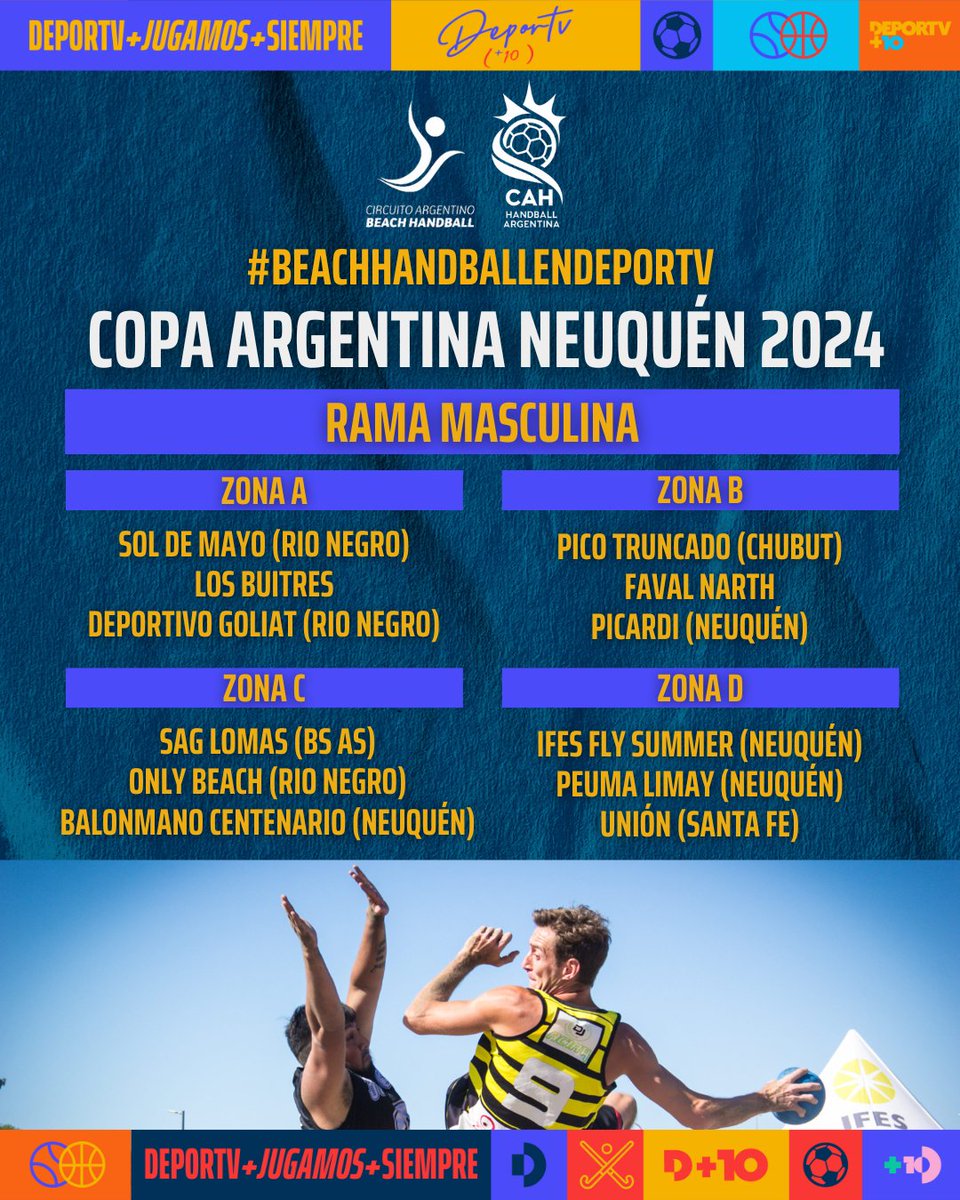 Confirmados los equipos para la Copa Argentina de Beach Handball en Neuquén.

🗓️ Del 1 al 4 de febrero. 

🤳 #BEACHHANDBALLenDEPORTV

📺 Las semifinales y las finales las vas a poder ver el domingo por DEPORTV.

📝 Toda la info 👉 deportv.gob.ar/publicacionNot…