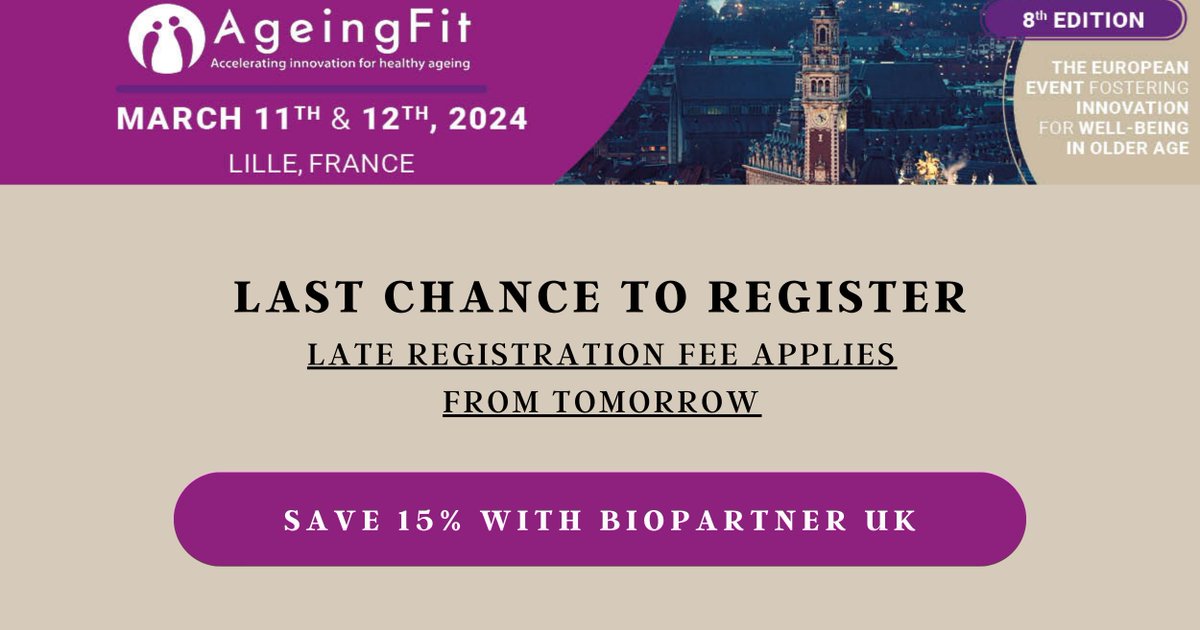 Offers ends today! Warm up to our incredible 15% offer to attend @AgeingFit before the snow settles: lnkd.in/e9W8Kyiu #AgeingFit2024 #Lifesciences #HealthTech #Healthcare #Biotech #Pharma