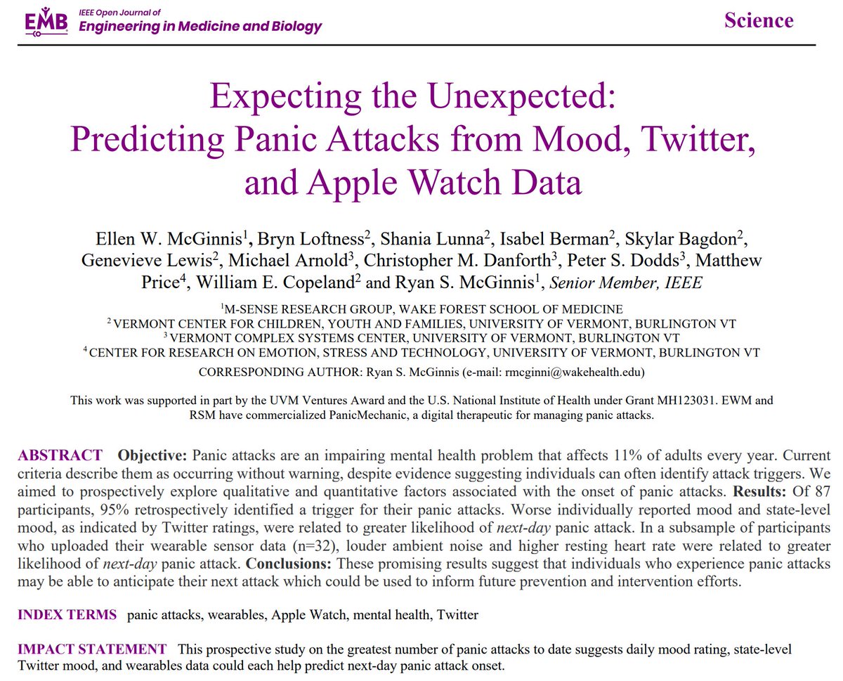 🔍Daily mood, consumer wearable data⌚️, &amp; state-level Twitter sentiment (via <a href="/uvmcomplexity/">Vermont Complex Systems Institute @ UVM</a> <a href="/hedonometer/">hedonometer</a>) reveal a compelling link to likelihood of next-day panic attacks. Our mixed-methods analysis shows how emotions, physiology, &amp; societal events impact mental health outcomes!
