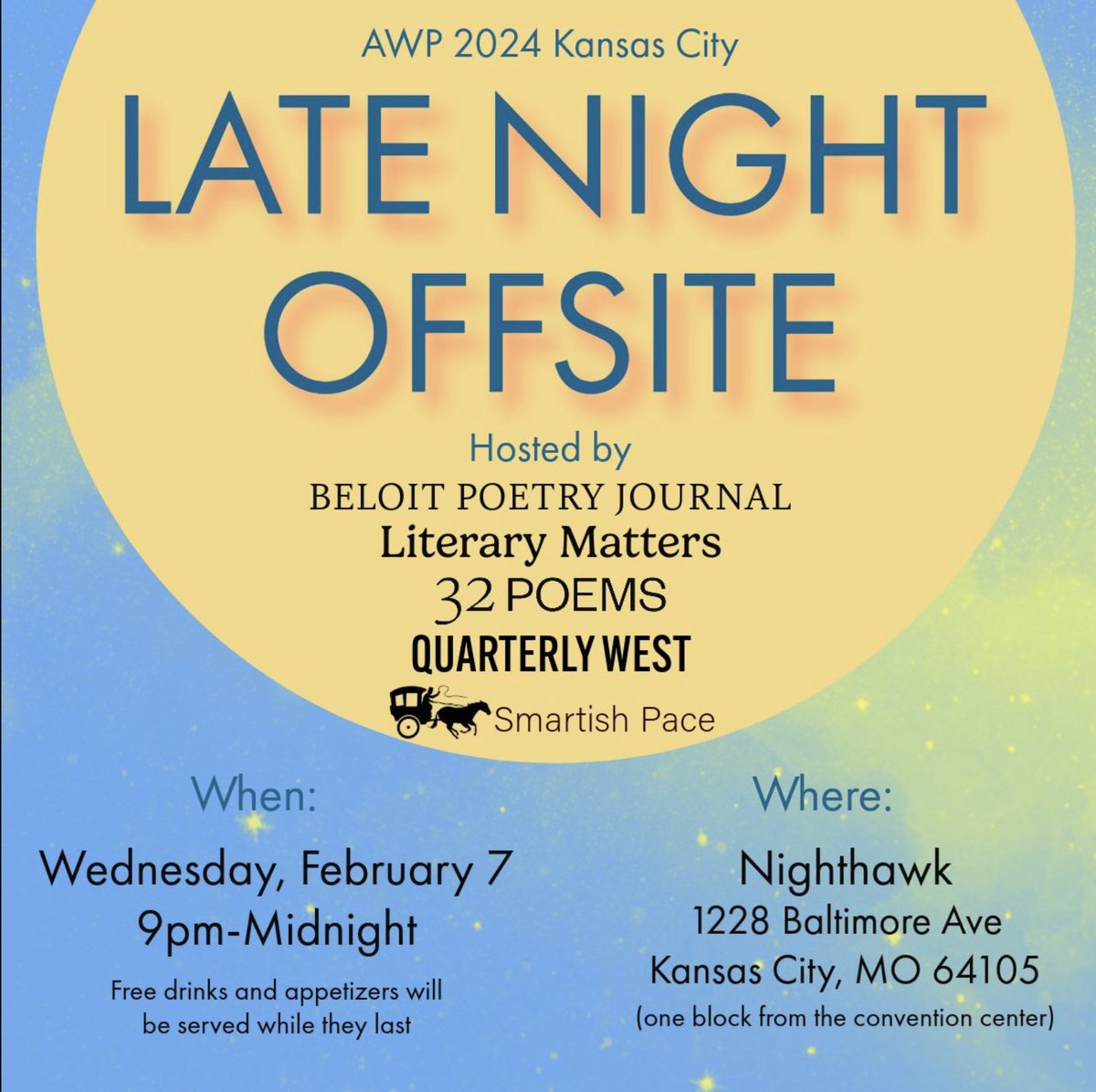 Who's coming to AWP in Kansas City?! I have a couple of events but for now will just mention how excited I am to be reading with @32_Poems (one of my favorite literary magazines ever) at an offsite reading on the first night. If you're around, come say hi!!