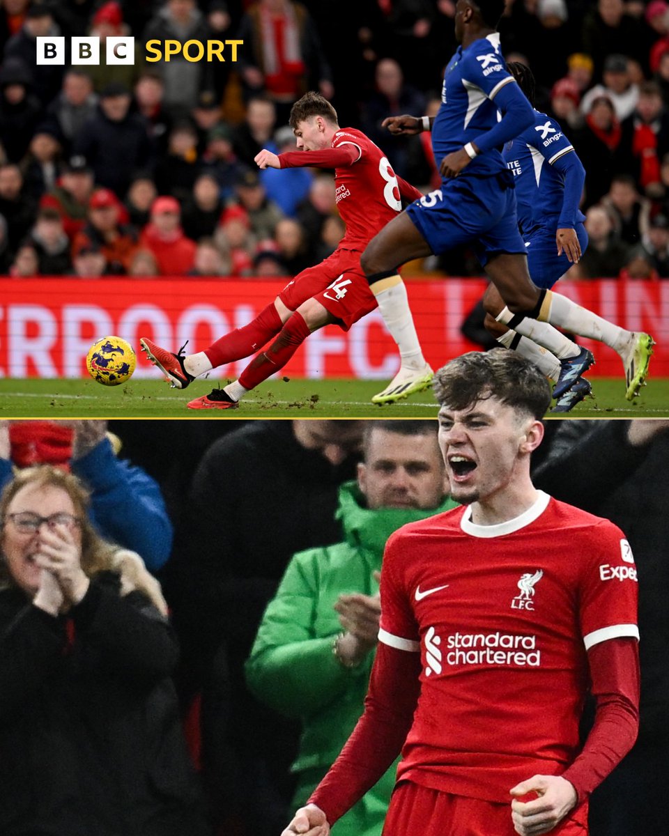 BBCSport's tweet photo. What a moment for Conor Bradley - and what a finish! 😍

His first Liverpool goal ❤️

#LIVCHE #BBCFootball https://t.co/WhC7Ekti4S