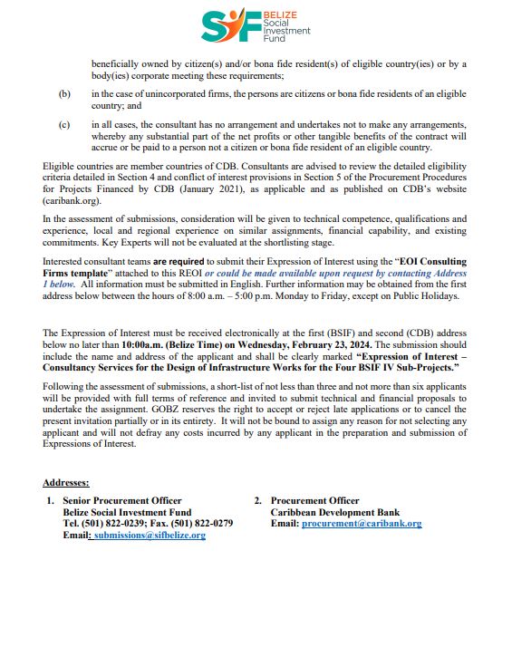 SIFBelize's tweet photo. ‼‼OPPORTUNITY‼‼
Consultancy Services for the Design of Infrastructure Works for four BSIF IV Sub-Projects. 
The deadline for submission is February 23, 2024. Expressions of Interest should be sent to Senior 
See below for full details:
#CDB #BSIF #GOB https://t.co/T5iQiN1dQY