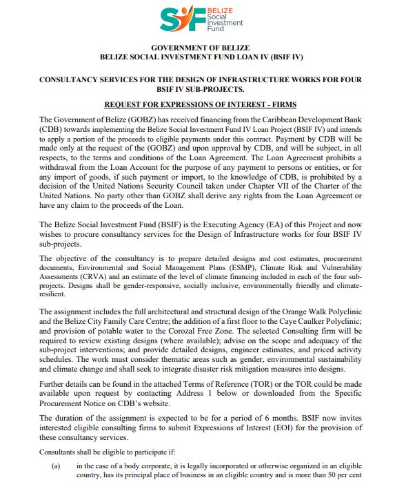 SIFBelize's tweet photo. ‼‼OPPORTUNITY‼‼
Consultancy Services for the Design of Infrastructure Works for four BSIF IV Sub-Projects. 
The deadline for submission is February 23, 2024. Expressions of Interest should be sent to Senior 
See below for full details:
#CDB #BSIF #GOB https://t.co/T5iQiN1dQY