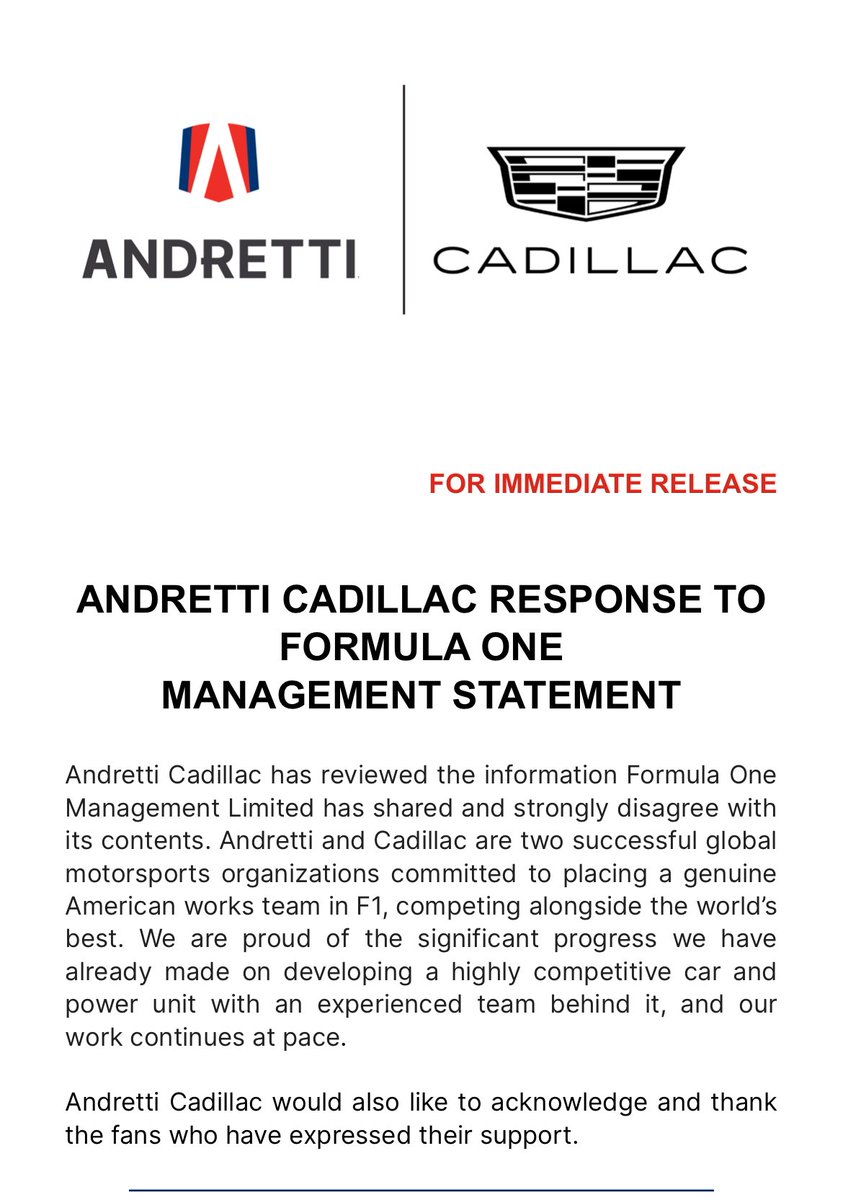 andrewbensonf1's tweet photo. Statement from Andretti Cadillac. They “strongly disagree” with F1’s assessment of their team and say they are “committed to placing a genuine American works team in Formula 1” and insist they have made “significant progress” in “developing a highly competitive car” https://t.co/ivJDZfoFiV