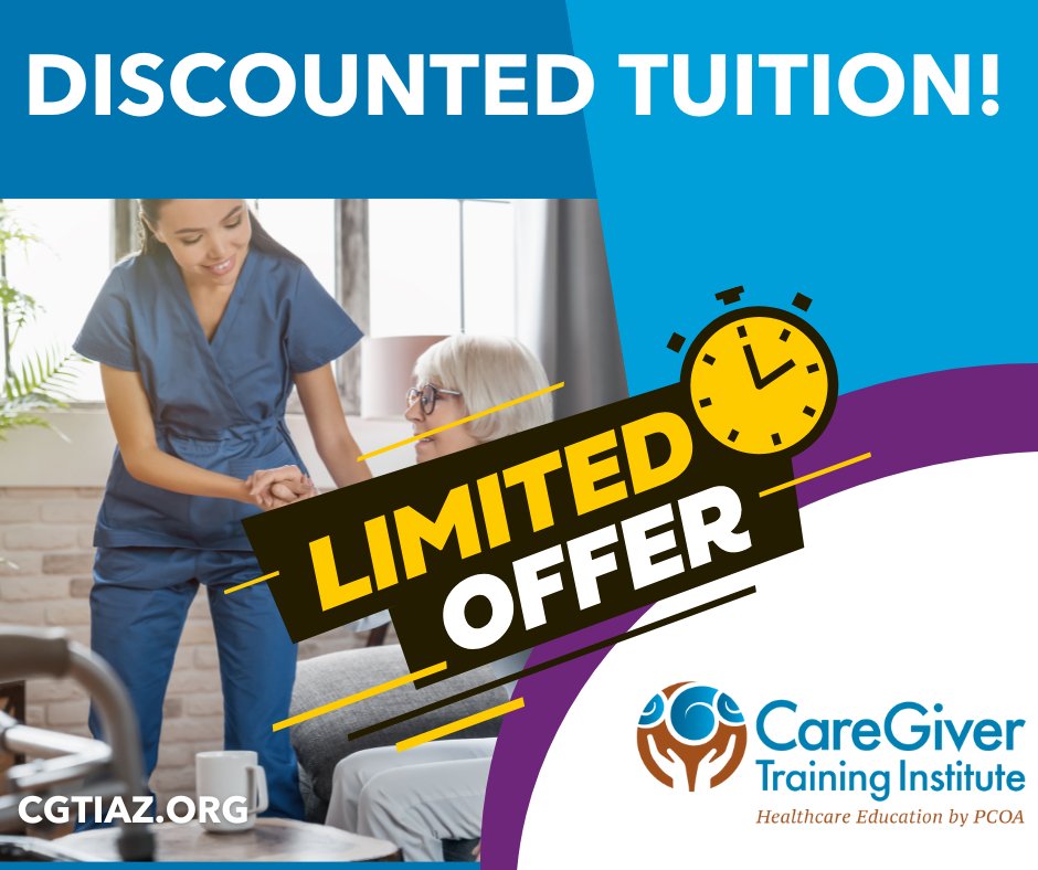 PCOAging's tweet image. Thanks to a generous grant, we have discounted our tuition for a limited time! Don&apos;t miss out on this opportunity and register for classes today. Visit cgtiAZ.org, call us at (520) 325-4870, or email us at learnmore@cgtiaz.org for more information or to enroll.
