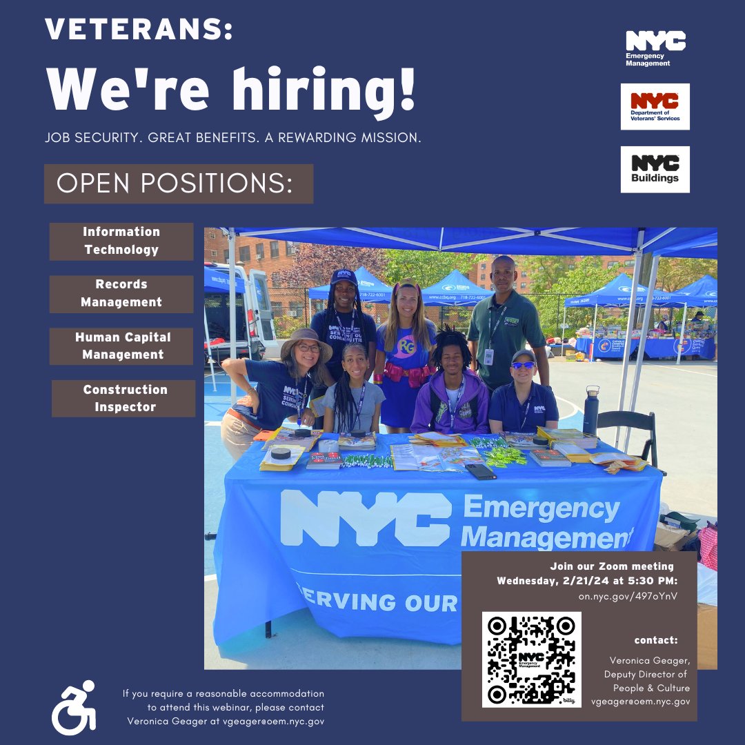 RuVeterans's tweet photo. NYC Emergency Management, Department of Veteran Services and the Department of Buildings has an exciting employment opportunity! They will be holding a virtual spotlight event on February 21st from 5:30PM-7PM.! https://t.co/cIoFgPZYki