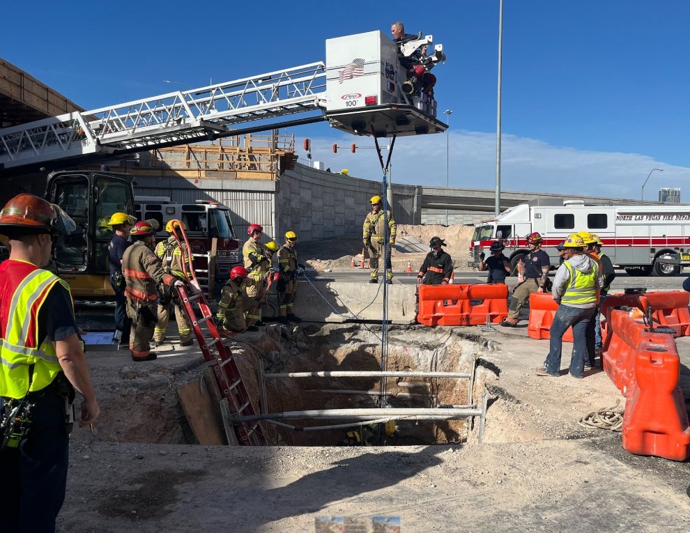 They do more than fight fires. Great work today by @ClarkCountyFD at an accident at a bridge at Tropicana and Frank Sinatra. A worker fell 10 about feet into a trench and needed to be lifted out. He's been taken to @UMCSN. Thank you to @NLVFireDept and others for their help.