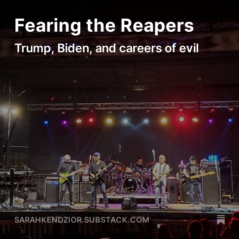 sarahkendzior's tweet photo. New article! I wrote about the soft-focus autocracy of Biden and the brutal autocracy of Trump.

I also wrote about seeing Blue Oyster Cult at the Indiana Bacon Festival.
https://t.co/hQtRpnMpSP https://t.co/zBTZltQdK6