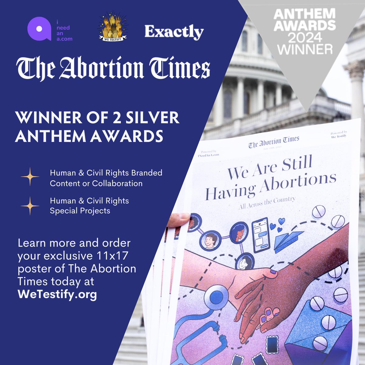 The Abortion Times was just awarded 2 Silver @AnthemAwards!! We partnered with @i_need_an_a and @exactlyagency to create this one of a kind publication filled with abortion stories and resources to remind everyone that we are still having abortions, all across the country ✊✨