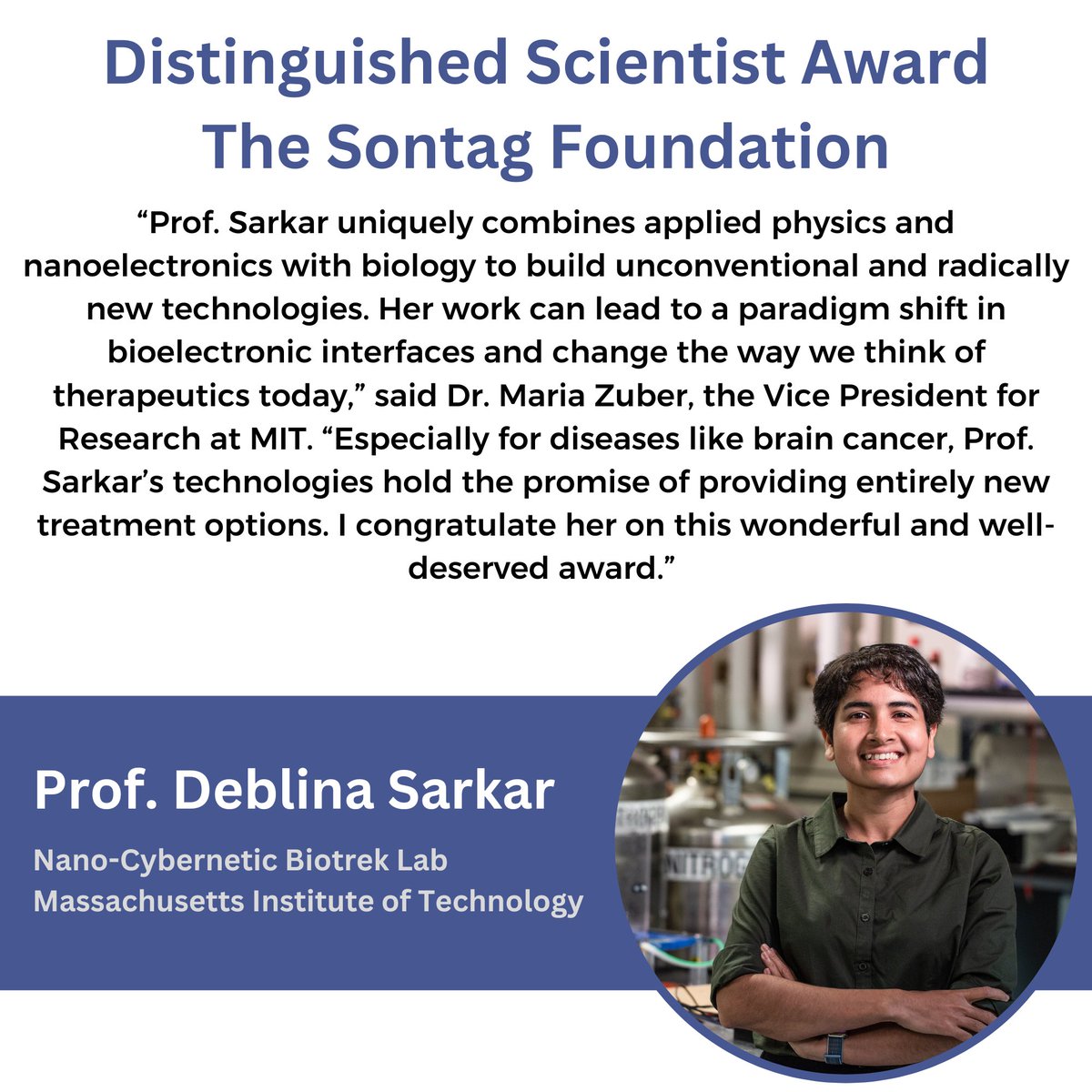 Nano-Cybernetic Biotrek Lab (@ncb_mit) on Twitter photo Huge thanks to Prof. Maria Zuber, Vice President for Research at <a href="/MIT/">Massachusetts Institute of Technology (MIT)</a> , for her support of our lab’s research and her kind comments on <a href="/deblinasarkar59/">Deblina Sarkar</a>’s Distinguished Scientist Award .
<a href="/medialab/">MIT Media Lab</a> <a href="/kochinstitute/">Koch Institute at MIT</a> #mcgoverninstitute <a href="/mitsap/">MIT SA+P</a> <a href="/MitEngineering/">MIT School of Engineering</a> #SontagFoundation Huge thanks to Prof. Maria Zuber, Vice President for Research at <a href="/MIT/">Massachusetts Institute of Technology (MIT)</a> , for her support of our lab’s research and her kind comments on <a href="/deblinasarkar59/">Deblina Sarkar</a>’s Distinguished Scientist Award .
<a href="/medialab/">MIT Media Lab</a> <a href="/kochinstitute/">Koch Institute at MIT</a> #mcgoverninstitute <a href="/mitsap/">MIT SA+P</a> <a href="/MitEngineering/">MIT School of Engineering</a> #SontagFoundation