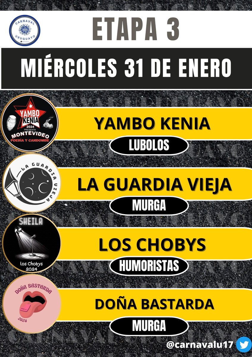 Se viene la 3era etapa del Concurso Oficial 2024 en el Teatro de Verano.

Desde las 20:30, toda la información desde <a href="/CarnavalU17/">Carnaval Uruguayo</a>