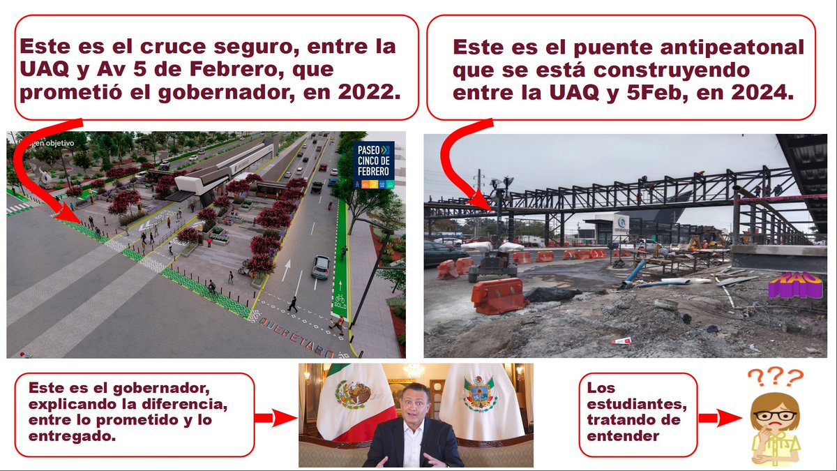 keniatzi's tweet photo. Parece que el gober @makugo tendrá que esforzarse más, para explicar la diferencia entre el #PasoSeguro que prometió en 2022 y el #PuenteAntipeatonal que pretende entregar en 2024, pues resultará muy difícil engañar a los estudiantes de la UAQ. @Saca_la_Bici @UCIQMX @Bicitekas. https://t.co/fJI5icu3Yk