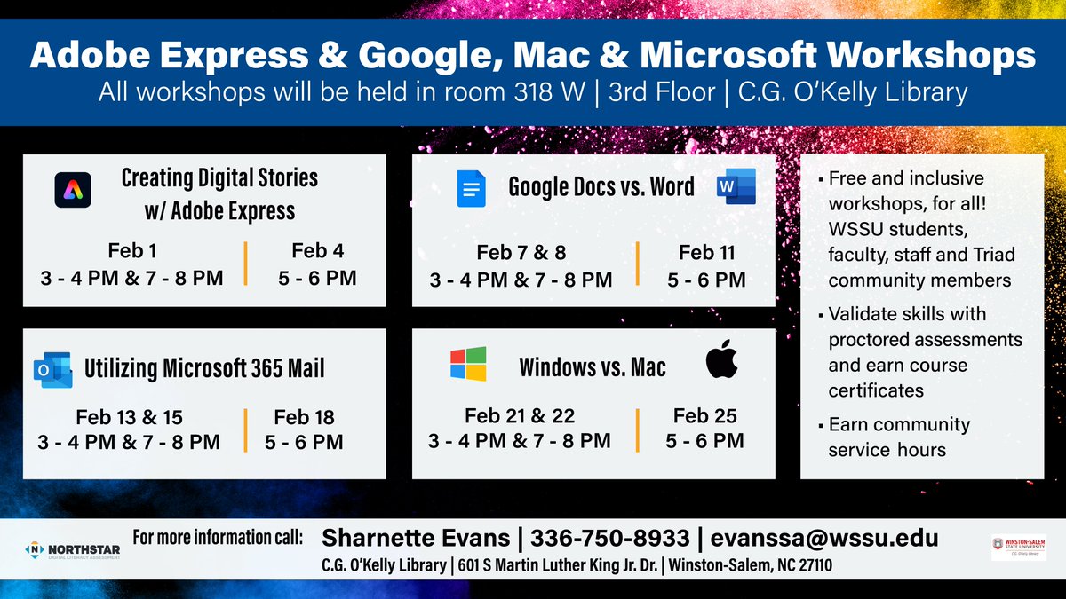 February Digital Literacy sessions cover Adobe Express, Google Docs, Word, Mac, and Windows. Drop in and attend! 📅Dates and times are available on university calendars & MyWSSU. Contact: Sharnette Evans | 336-750-8933 #WSSU #HBCU #OKDigitaliteracy