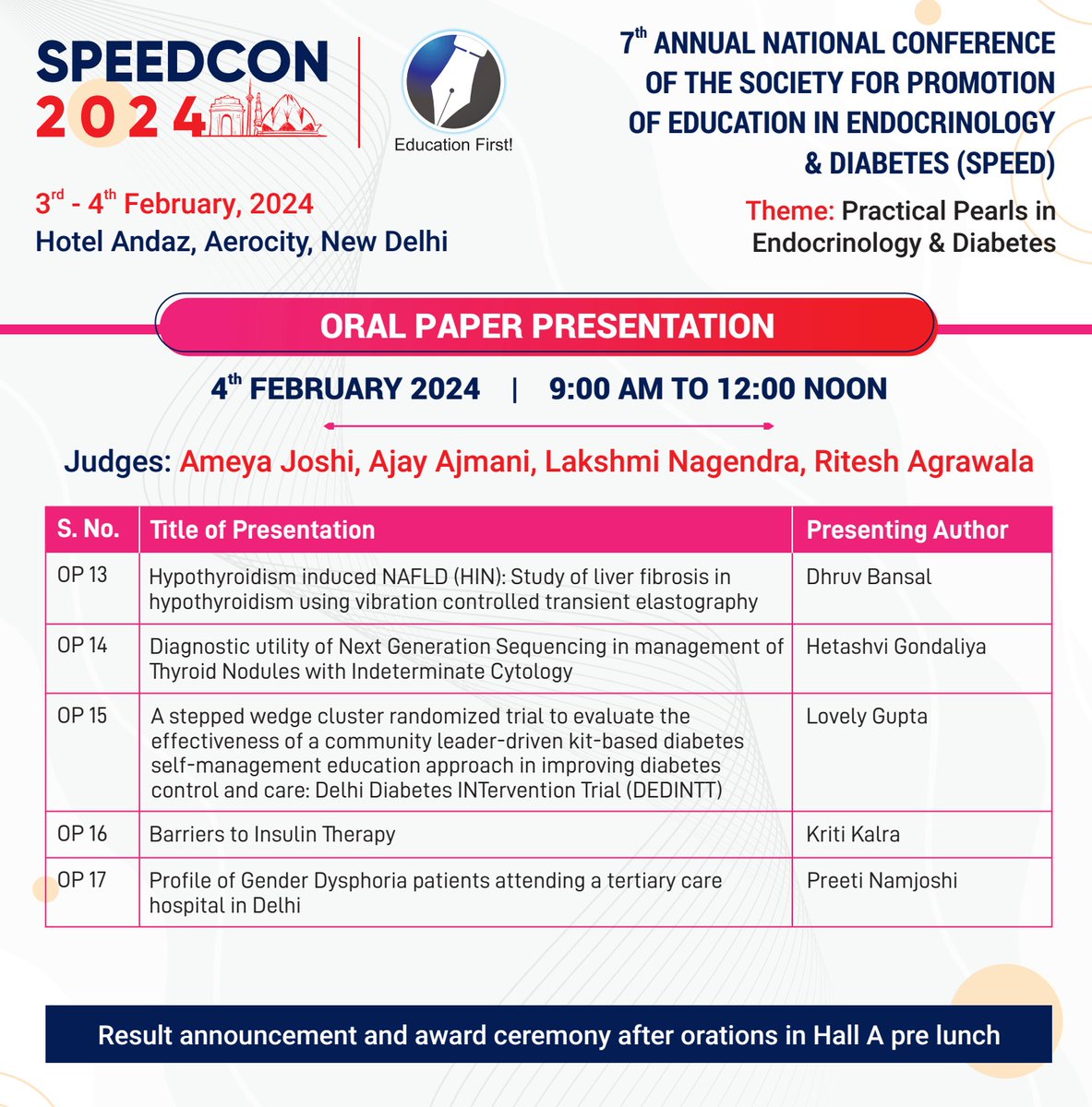 SPEEDSociety2's tweet photo. 144 Abstract submission received for SPEEDCON 2024 17 Abstract accepted for Oral Paper Presentation Session (Acceptance Rate: 11.8%) 3 prizes; Judging by top endocrinologists  from across India
@idrlakshmi @ameyaable @ajayajmani @RiteshAgarwala 
@frendos_india https://t.co/WgiPsF2ia8