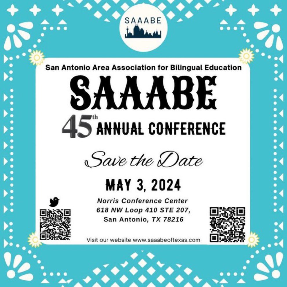 @SAAABEofTexas (@saaabeoftexas) on Twitter photo ¡Atención Colegas! Mark your calendars for the 45th Annual SAAABE Conference! Our SAAABE Board is working diligently to make this another amazing experience for our familia of bilingual educators and leaders! Get info at: saaabeoftexas.com <a href="/TA4BE/">TABE</a> <a href="/NABEorg/">NABE- National Association for Bilingual Education</a> <a href="/ESCRegion20/">ESC Region 20</a> ¡Atención Colegas! Mark your calendars for the 45th Annual SAAABE Conference! Our SAAABE Board is working diligently to make this another amazing experience for our familia of bilingual educators and leaders! Get info at: saaabeoftexas.com <a href="/TA4BE/">TABE</a> <a href="/NABEorg/">NABE- National Association for Bilingual Education</a> <a href="/ESCRegion20/">ESC Region 20</a>