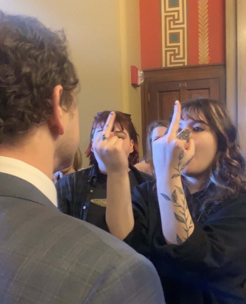 Good bonus image of a constituent expressing their concerns to Representative Shipley today, after his bill to strip civil protections for trans Iowans failed in subcommittee.