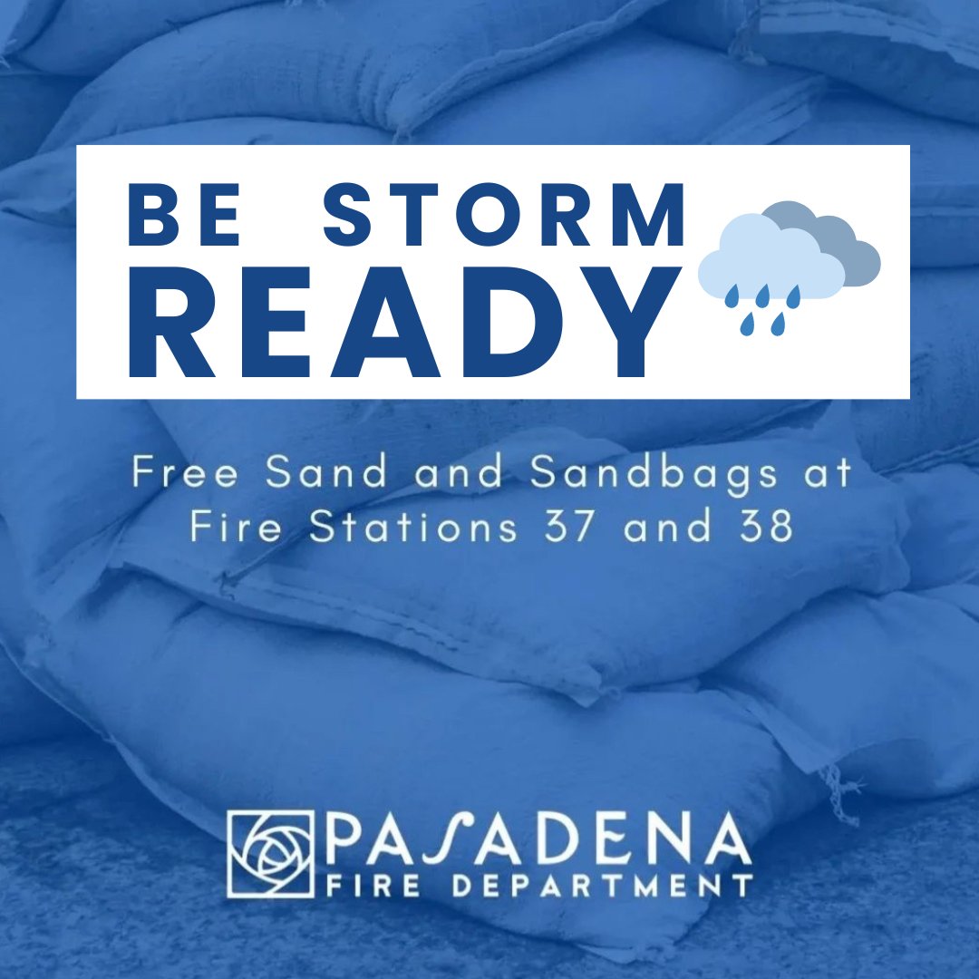 Be storm ready!  ☔️ Sand and sandbags are available for pickup at fire stations 37 (3430 E. Foothill Blvd.) and 38 (1150 Linda Vista Ave.). The limit is 10 bags per resident and self-serve.

Fire personnel are available to assist with loading if they're not responding to a call.