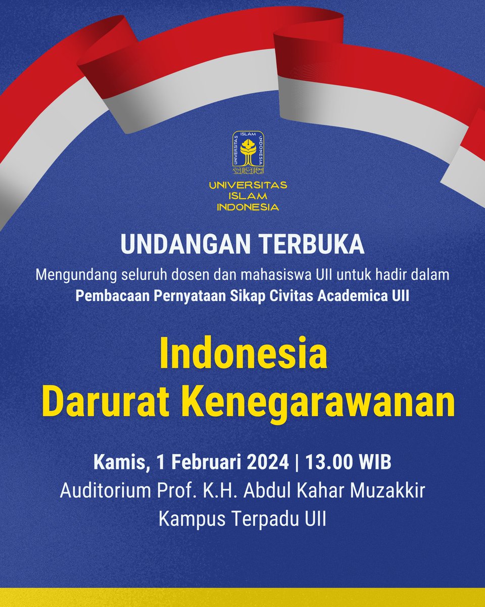 Hari ini, Kamis 1 Februari 2024 jam 13.00
Di Auditorium Prof. K.H. Abdul Kahar Muzakkir, Kampus Terpadu UII.