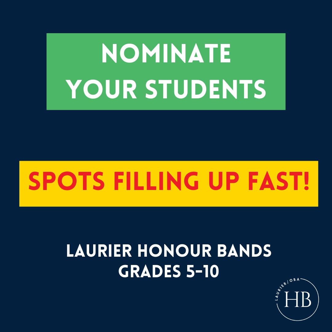 Spots  are filling up FAST for the 2024 Laurier/OBA Honour Bands! Seats are allotted on a first come, first serve basis so get your nominations in quickly! The form will close once capacity is reached. See buff.ly/3DQPV2i