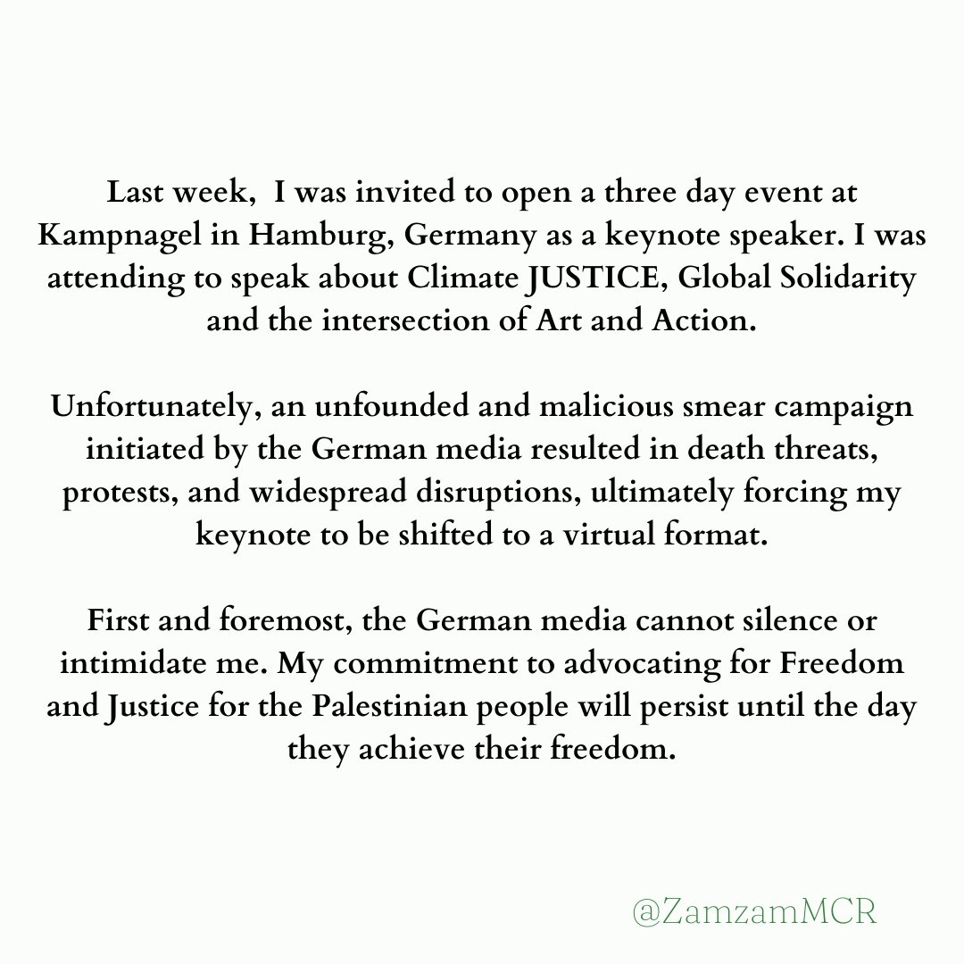ZamzamMCR's tweet photo. My Letter to the Global Climate Movement: 

A movement that, when convenient, utters words of justice, spinelessly sprinkles decolonization and justice rhetoric without truly embracing the sacrifices required to live it. I passionately believe in this movement, but it must rise above its continued failures when faced with adversity cause, quite frankly, we are tired. We cannot call ourselves a movement rooted in justice if we continue to let the most impacted by injustice amongst us die in silence.🍉🌎 (blog format: https://t.co/d09jPBfGeq and link in my bio) (1/2)