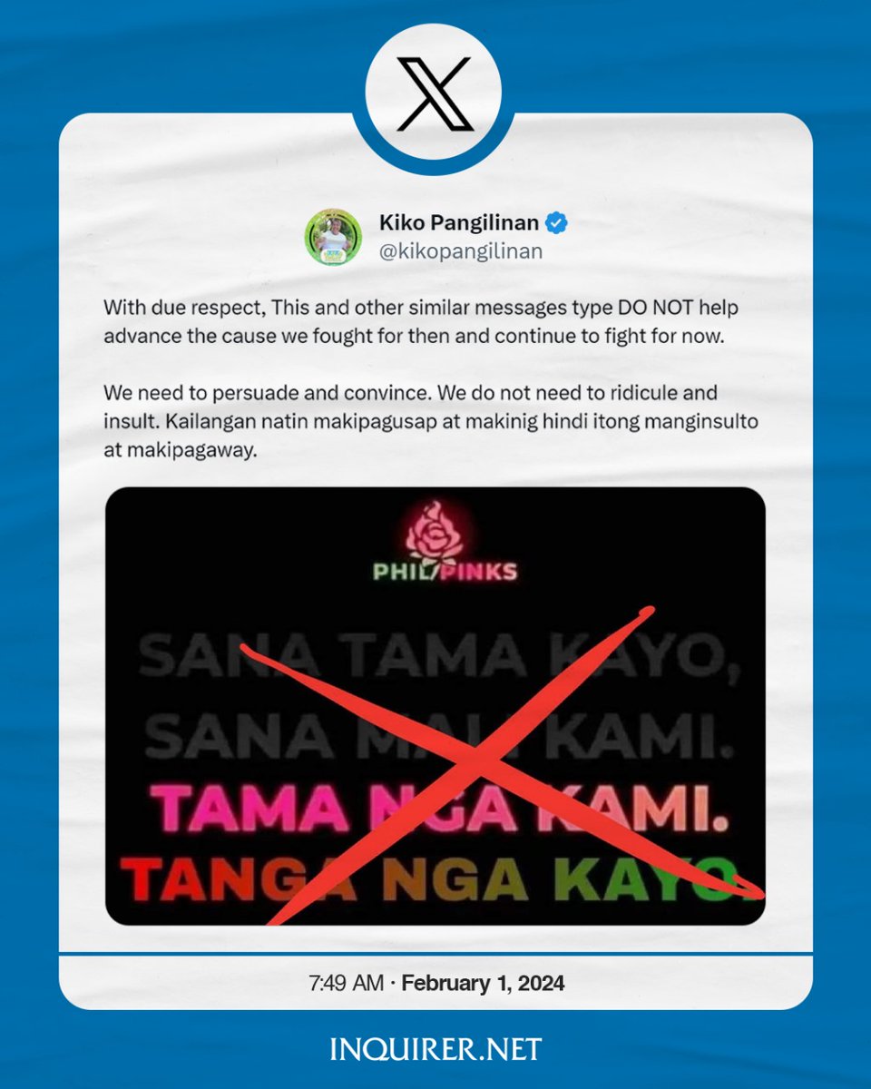 inquirerdotnet's tweet photo. LOOK: Former senator and 2022 vice-presidential bet Kiko Pangilinan shares his perspective on the phrase "TAMA NGA KAMI" that has been trending on social media in response to the recent in-fighting within the so-called "UniTeam" alliance. https://t.co/yG4cbq9yec