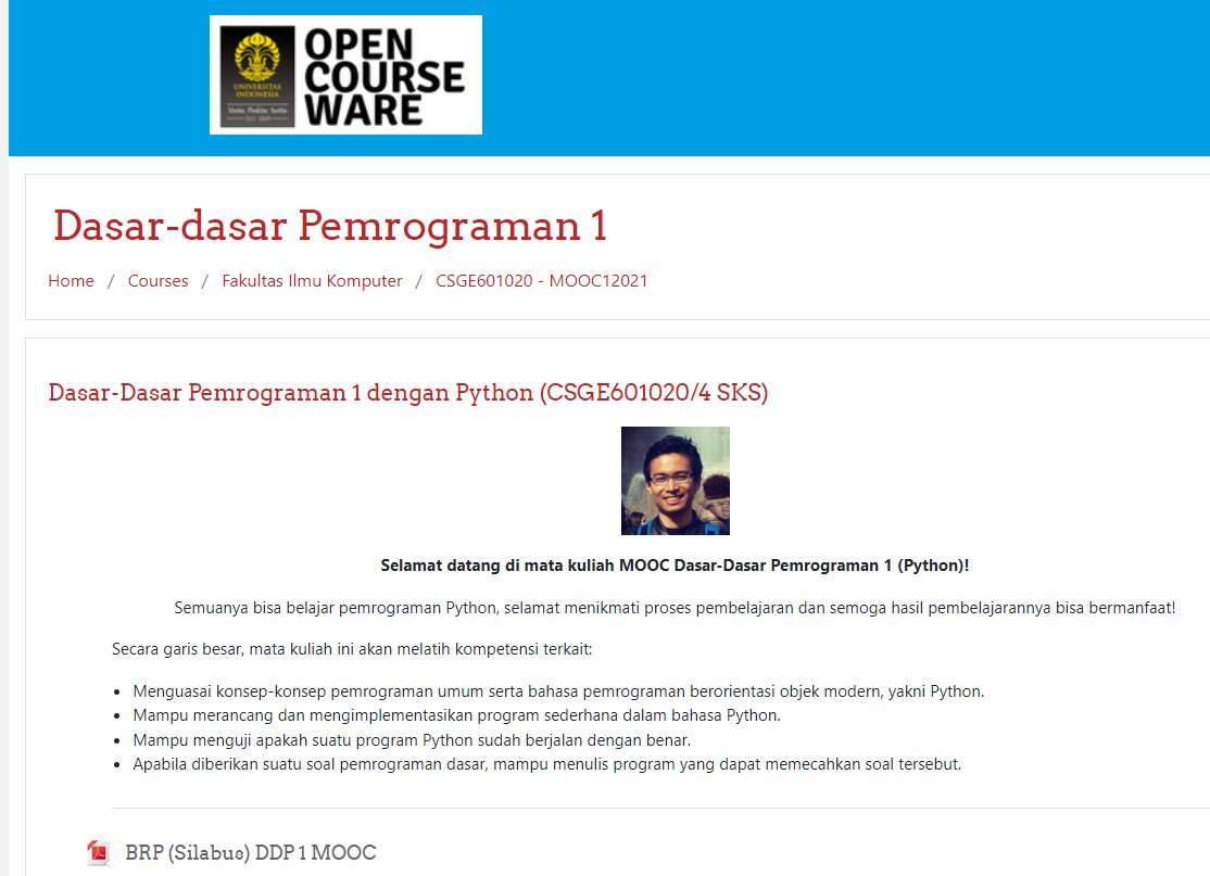 Pendidikan adalah hak asasi untuk segala lapisan masyarakat.

Fasilkom UI <a href="/FASILKOM_UI/">Fasilkom UI</a> berkomitmen terhadap hal tsb dengan menyediakan: FREE PYTHON PROGRAMMING COURSE FOR ALL

Di sini tidak hanya ada video programming gratis &amp; lengkap oleh dosen UI, tapi juga: lab/praktikum,