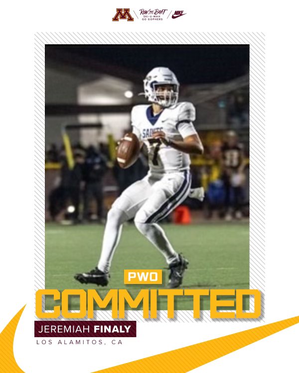 Committed to the University of Minnesota! <a href="/GopherFootball/">Minnesota Football</a> #RTB #SkiUMah <a href="/Coach_Fleck/">P.J. Fleck</a> <a href="/CoachHarbaugh/">Greg Harbaugh, Jr.</a> <a href="/CoachDanny10/">Danny Hernandez</a> <a href="/GregBiggins/">Greg Biggins</a> <a href="/CreanFootball/">Crean Lutheran Football</a>