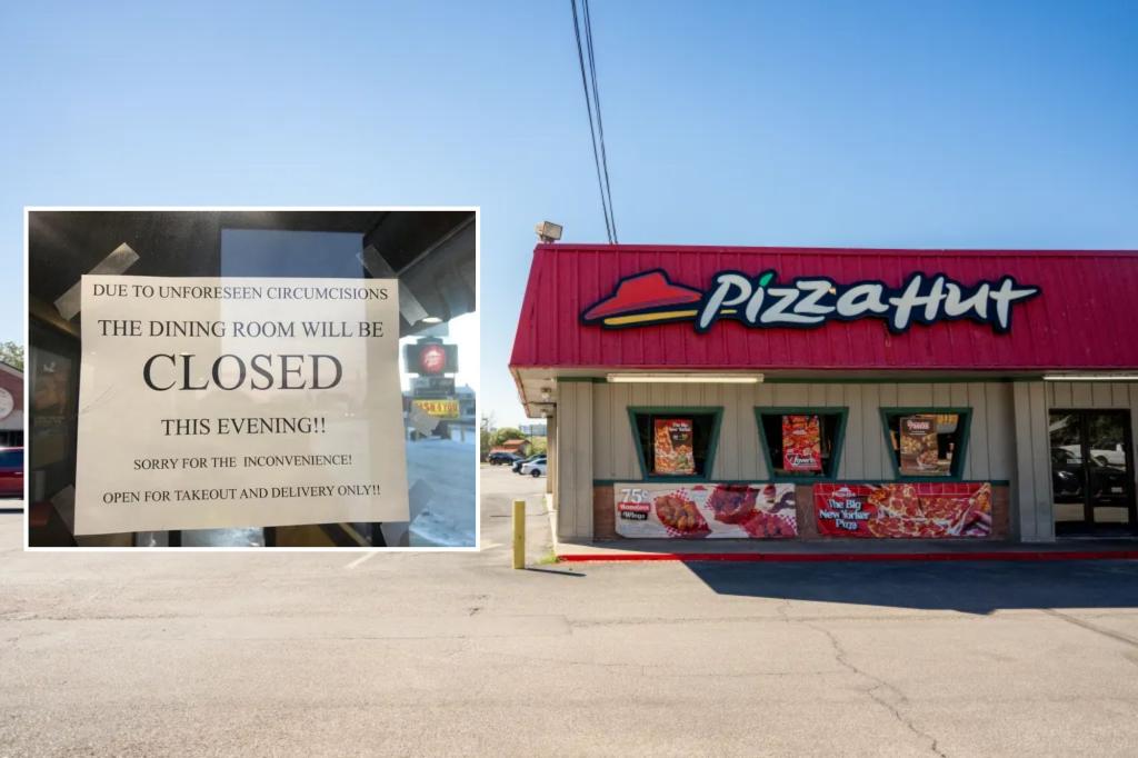 nypost's tweet photo. Pizza Hut location goes viral after closing for ‘unforeseen circumcisions’ https://t.co/uKNmVdM98E https://t.co/0gKkLEtNJs