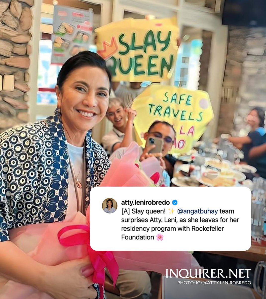 inquirerdotnet's tweet photo. CONTINUE MAKING THE COUNTRY PROUD! 🇵🇭

LOOK: The team of Angat Buhay surprises former Vice President Leni Robredo as she leaves for her residency program with the Rockefeller Foundation. | 📷: Robredo/Instagram https://t.co/aMmzaVXkQn