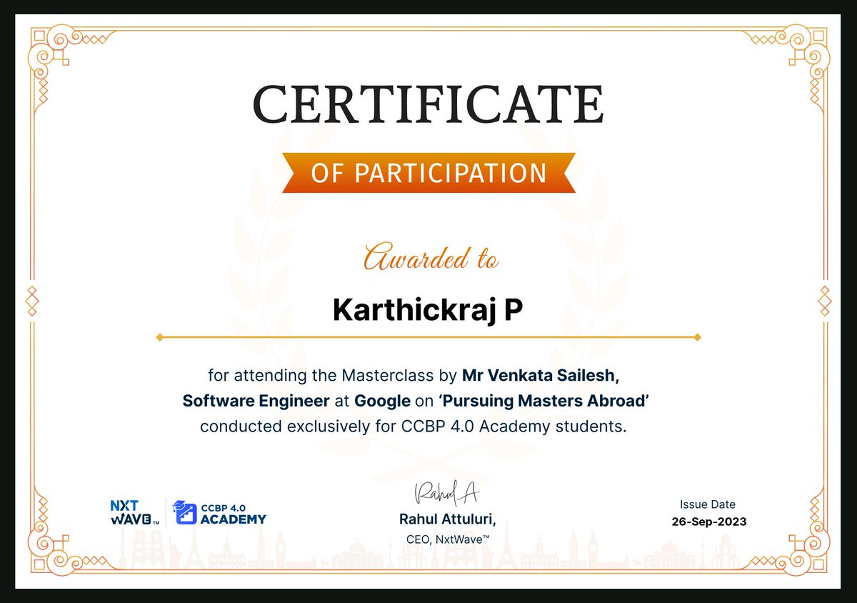 karthickraj29's tweet image. Had an incredible opportunity to attend a Masterclass by Mr. Venkata Sailesh, a Software Engineer at Google, on &apos;pursuing Master Abroad&apos; exclusively for CCBP 4.0 Academy students. Mind-blowing insights and inspiration! Thank you, Mr. Sailesh! #Masterclass #Inspiration  #nxtwave