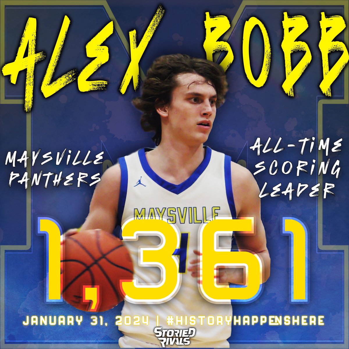 StoriedRivals's tweet photo. 👑 Alex Bobb just put his name in the Maysville history books 📚 

The senior scored a career-high 40 points, surpassing recently graduated teammate Hayden Jarrett’s record of 1,360 points early in the 2nd quarter

Bobb now sits at 1,384 career points and counting 👏 https://t.co/CBiaUwleYC