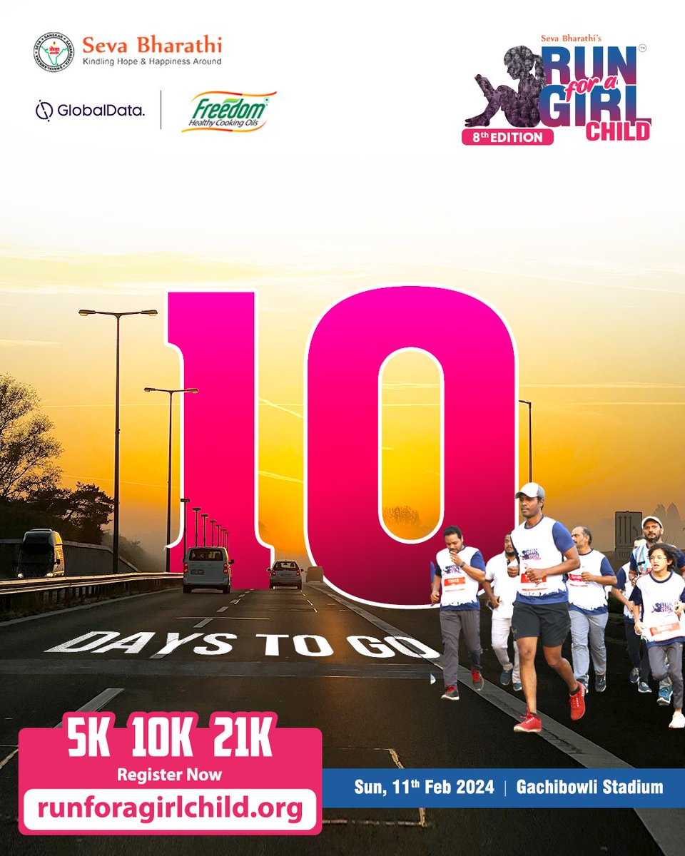 Countdown begins! Only 10 days left to be part of the change. #JoinUs in celebrating the strength of collective effort & the #Empowerment of #GirlChild at the largest #EventinHyderabad - #RunForAGirlChild. runforagirlchild.org #10DaystoGo #EmpowerGirls #RunForChange #RFGC8