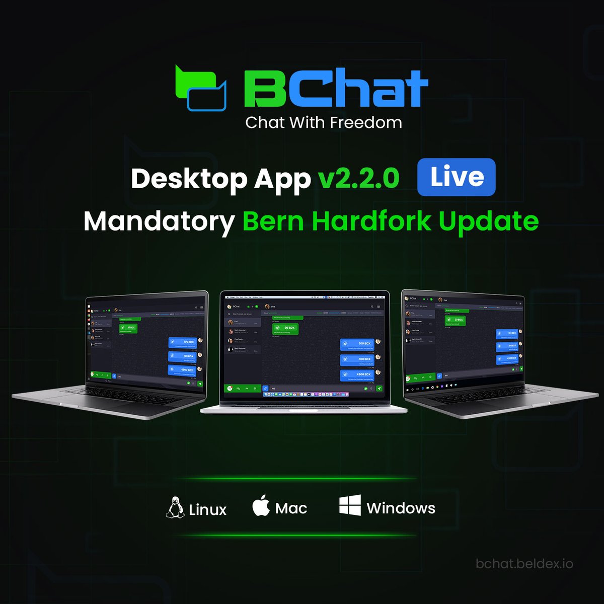 Bern Hardfork Mandatory Update Backup your seed phrase and update your BChat app for a seamless experienceLinux: Deb: deb.beldex.io/Beldex-project… AppImage: deb.beldex.io/Beldex-project… Windows: deb.beldex.io/Beldex-project… MacOS: deb.beldex.io/Beldex-project… #BNS