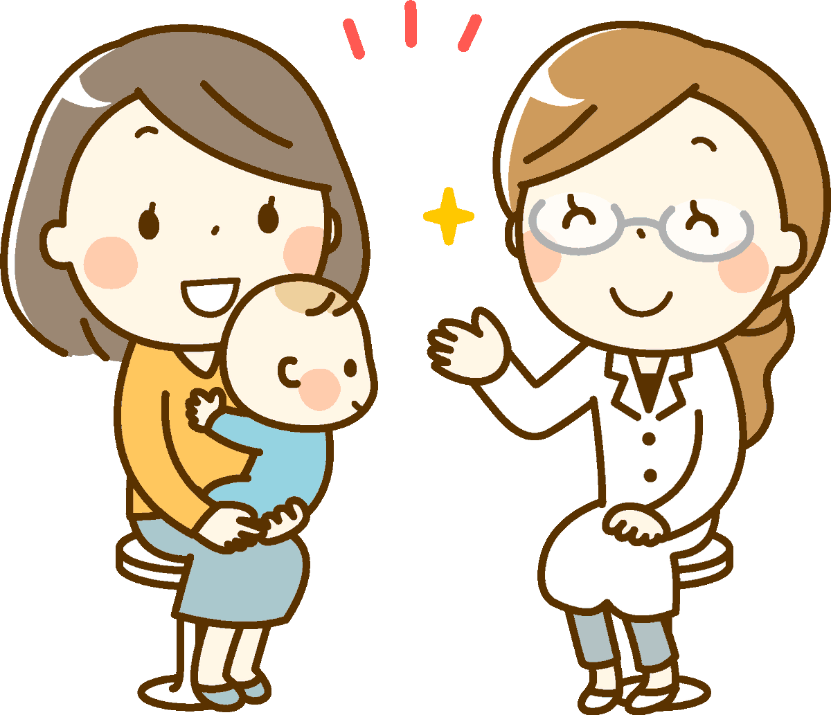 [乳幼児健診をきちんと受けましょう]

乳幼児健診は、
・健康状態を把握
・病気の早期発見・治療
・ 発育・栄養状態の確認
・予防接種の時期や種類確認
のために行われます
また、気になっていることを専門家に相談できる機会にもなります 

参考：厚生労働省