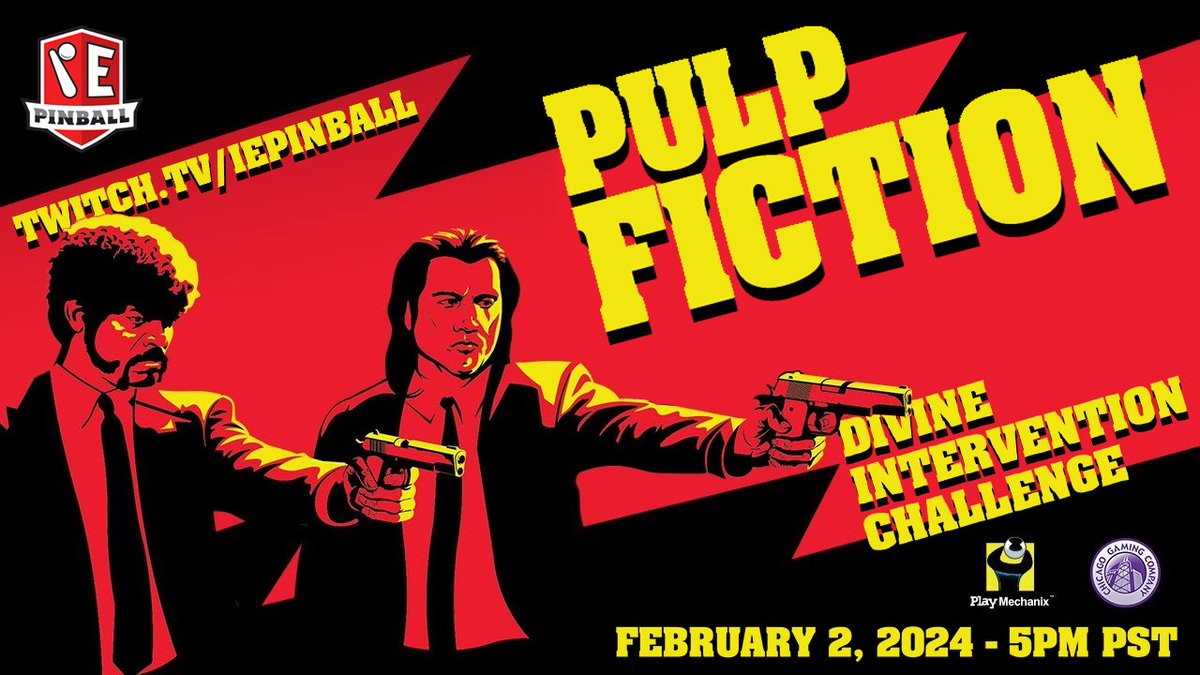 Streaming this Friday at 5pm PST, the start of the Divine Intervention Challenge on Pulp Fiction!

How many attempts will it take? How much of the bounty, sponsored by Raw Thrills, will be lost?

twitch.tv/iepinball