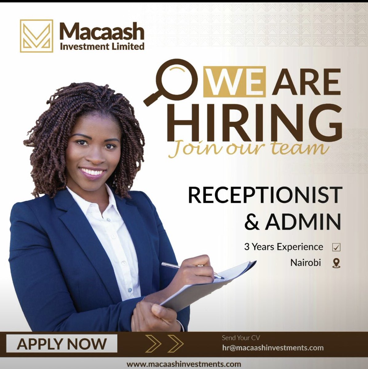Macaash Investment limited is a real estate company in Parklands, Nairobi. kindly apply, thanks. Deadline of application is Friday 2nd February 2024
#Hiringimmediately #jobforyou