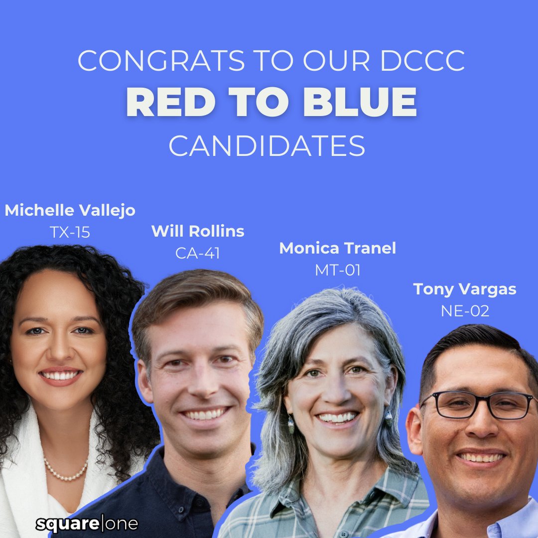 Congrats to our @dccc first round Red to Blue candidates @MichelleVforTX @WillRollinsCA @MonicaTranel and @TonyVargas! These candidates are running strong campaigns that can flip their districts blue come November!